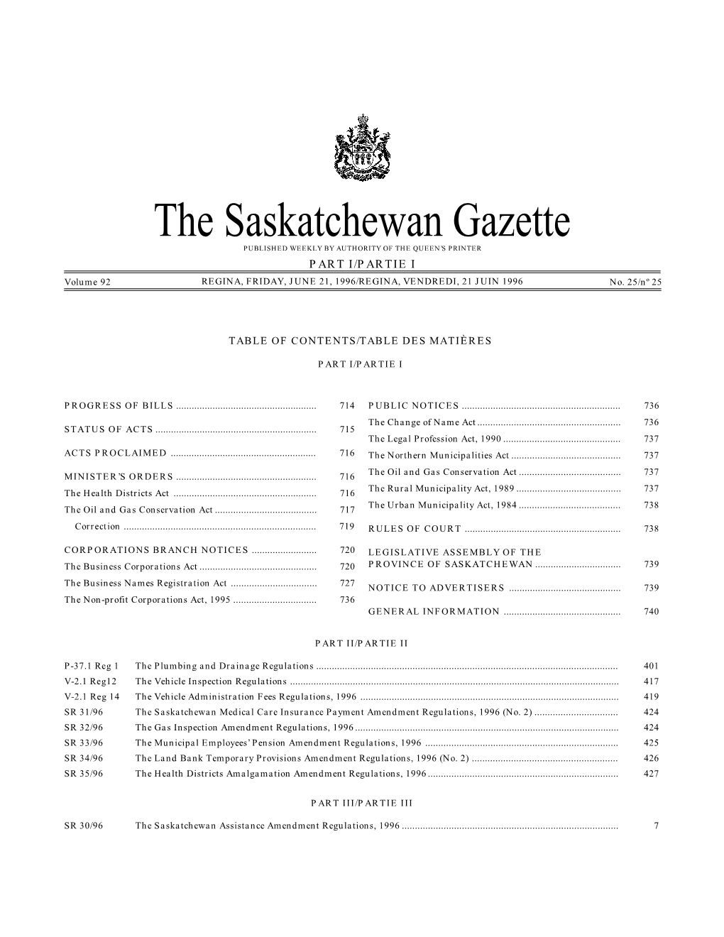 Sask Gazette, Part I, Jun 21, 1996