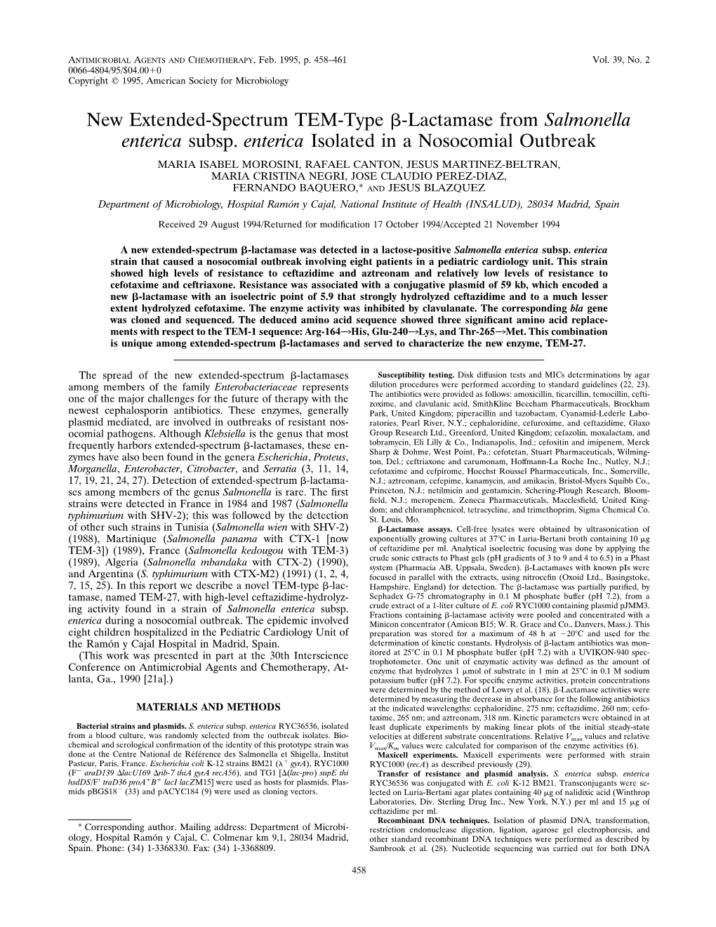 New Extended-Spectrum TEM-Type -Lactamase from Salmonella Enterica Subsp. Enterica Isolated in a Nosocomial Outbreak