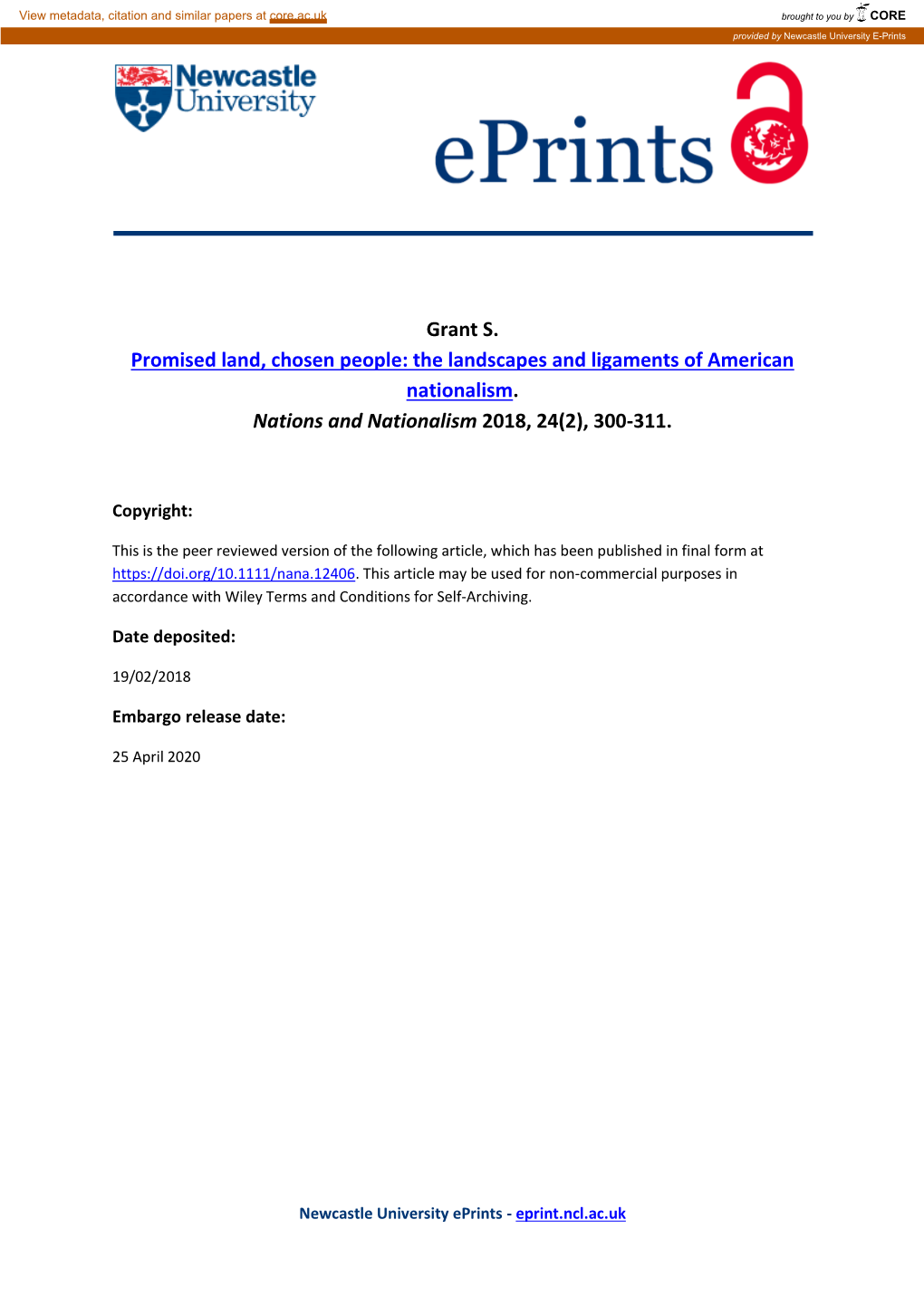 Promised Land, Chosen People: the Landscapes and Ligaments of American Nationalism