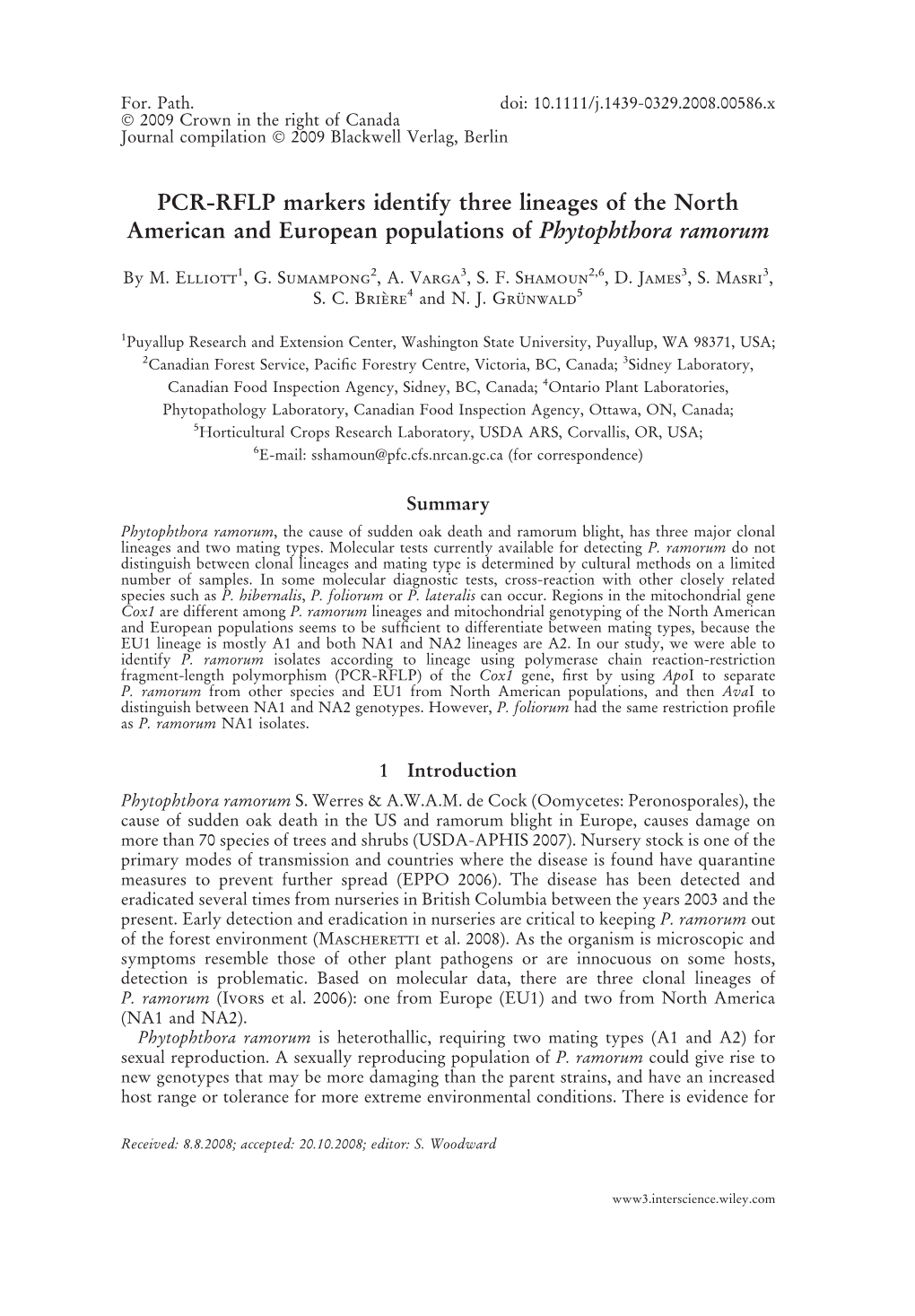 PCR-RFLP Markers Identify Three Lineages of the North American and European Populations of Phytophthora Ramorum