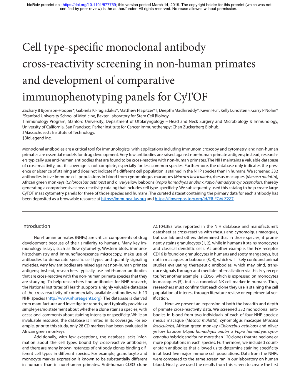 Cell Type-Specific Monoclonal Antibody Cross-Reactivity Screening in Non-Human Primates and Development of Comparative Immunophe