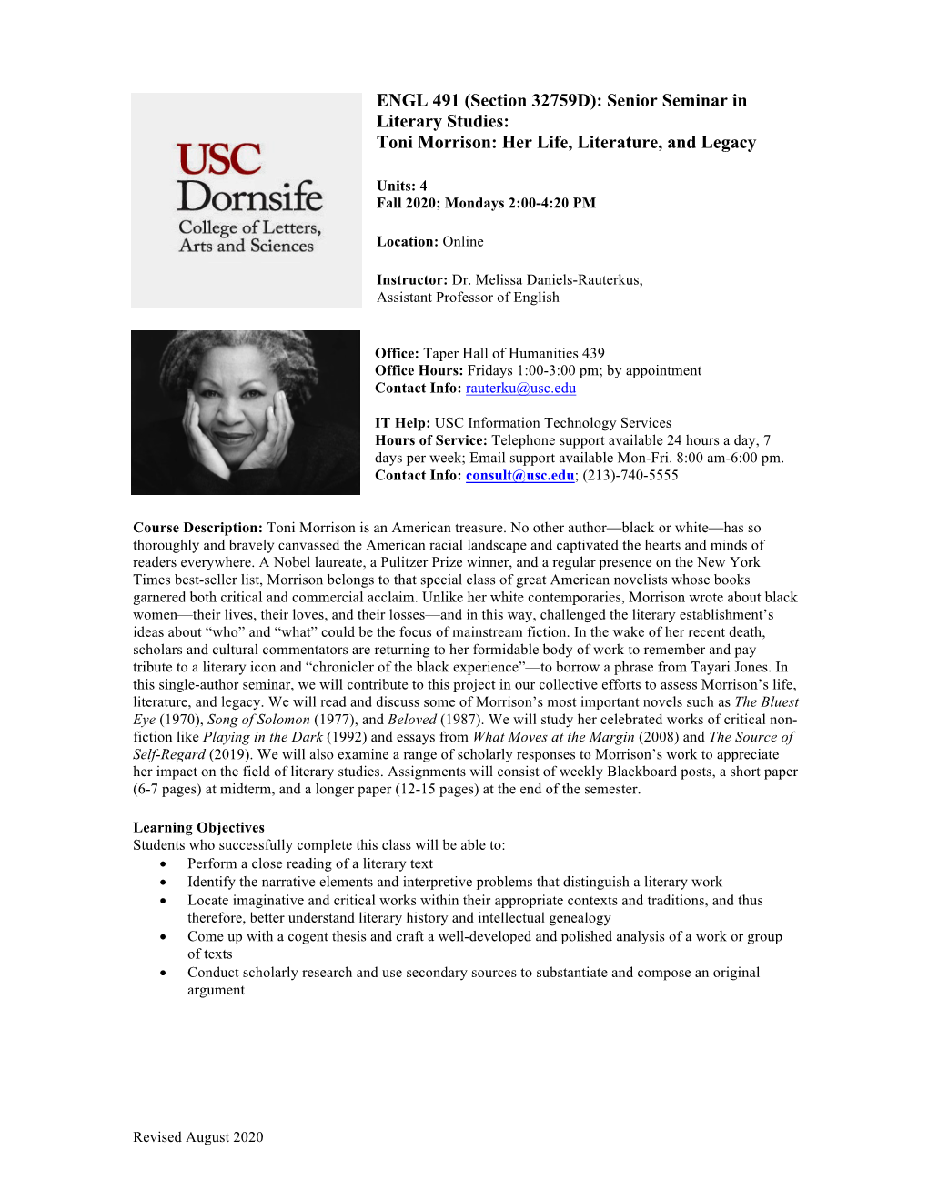 (Section 32759D): Senior Seminar in Literary Studies: Toni Morrison: Her Life, Literature, and Legacy