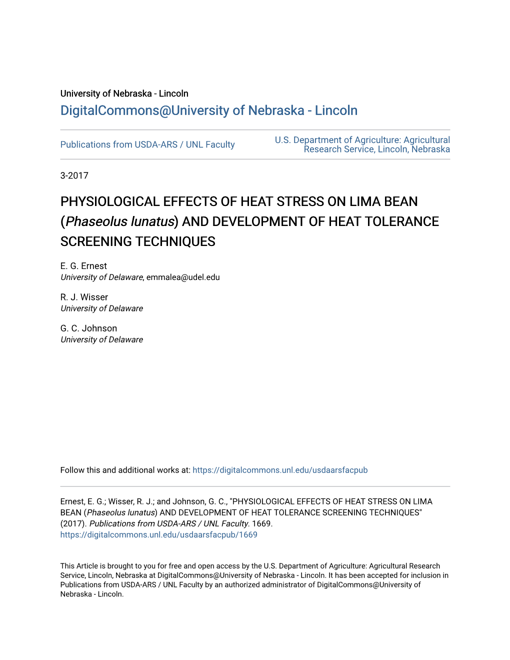 PHYSIOLOGICAL EFFECTS of HEAT STRESS on LIMA BEAN (Phaseolus Lunatus) and DEVELOPMENT of HEAT TOLERANCE SCREENING TECHNIQUES