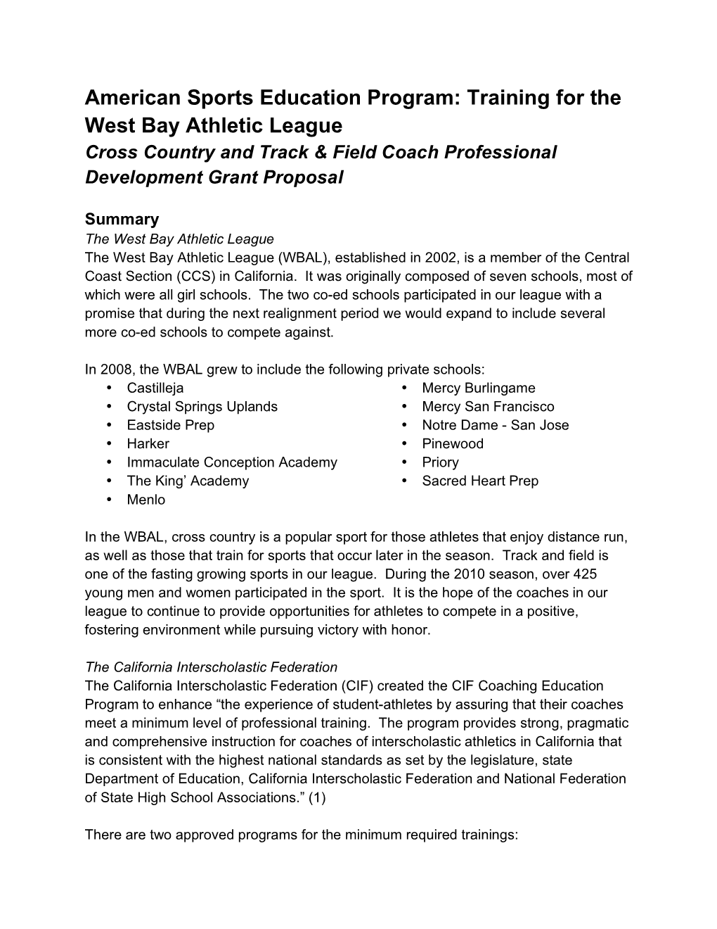 Training for the West Bay Athletic League Cross Country and Track & Field Coach Professional Development Grant Proposal