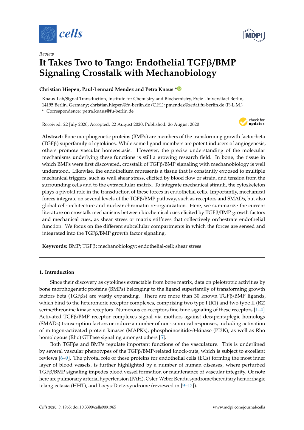 It Takes Two to Tango: Endothelial TGF/BMP Signaling Crosstalk with Mechanobiology