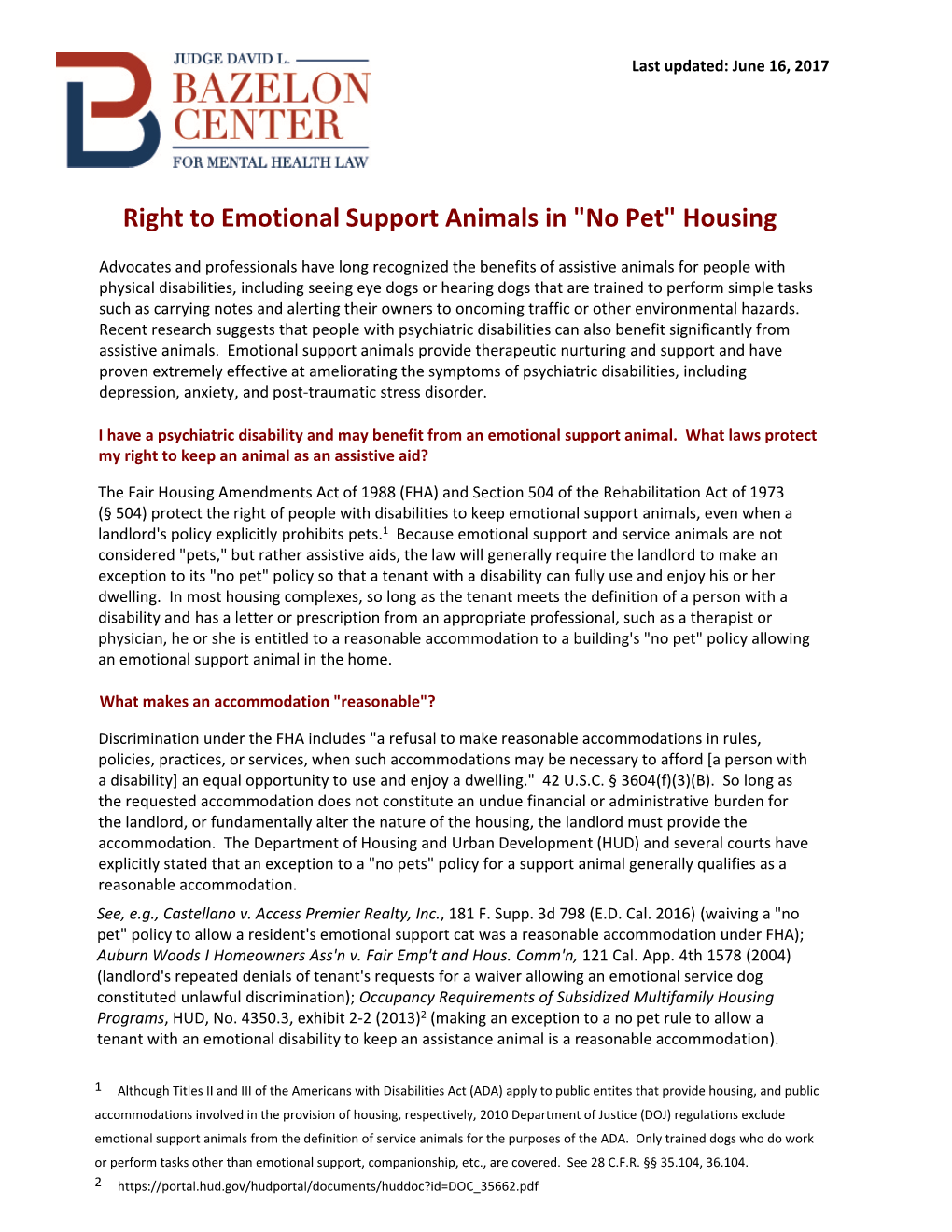 Right to Emotional Support Animals in "No Pet" Housing