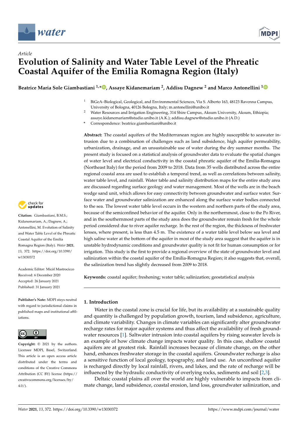 Evolution of Salinity and Water Table Level of the Phreatic Coastal Aquifer of the Emilia Romagna Region (Italy)