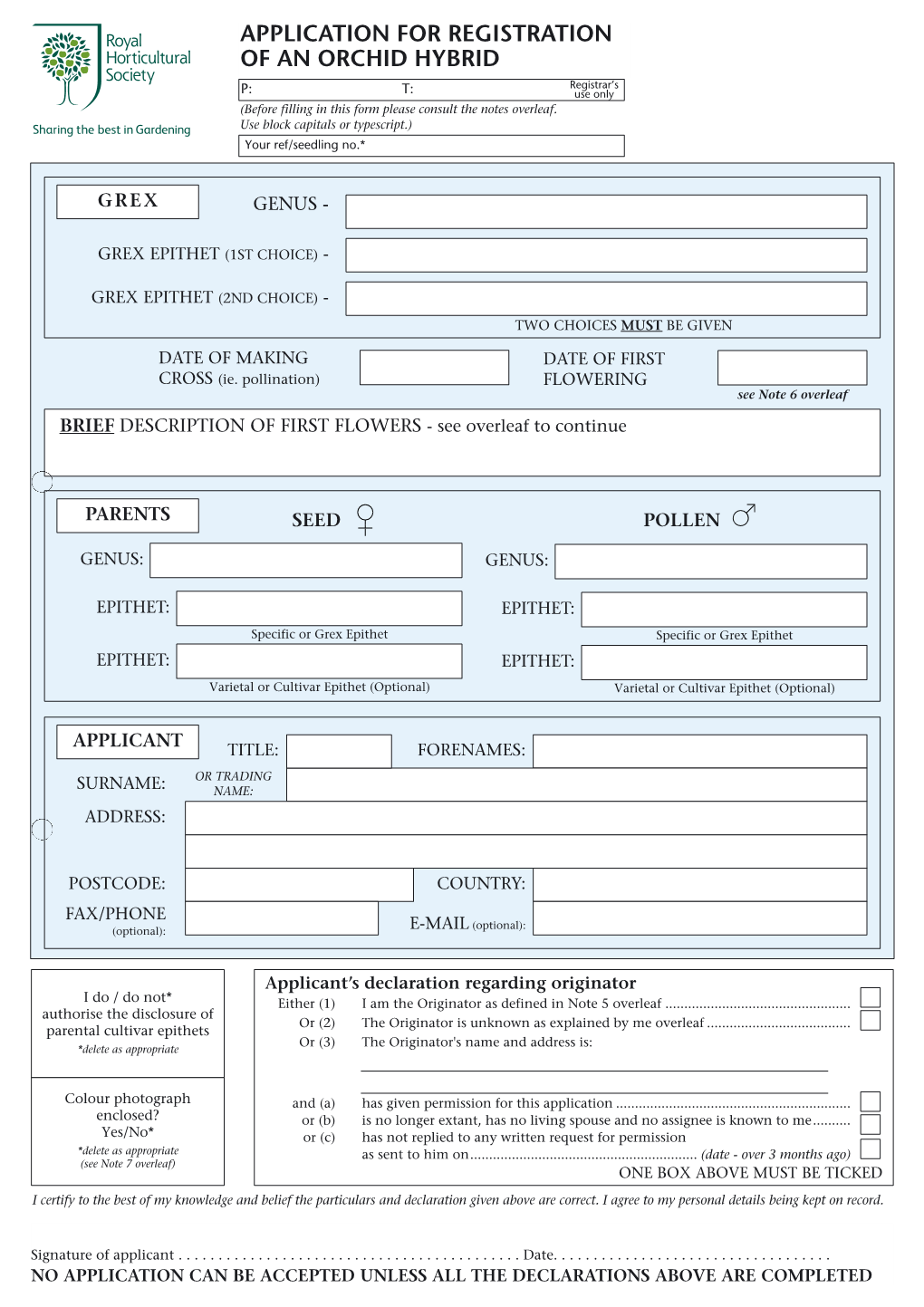 Application Form for Registration of Orchid Hybrid