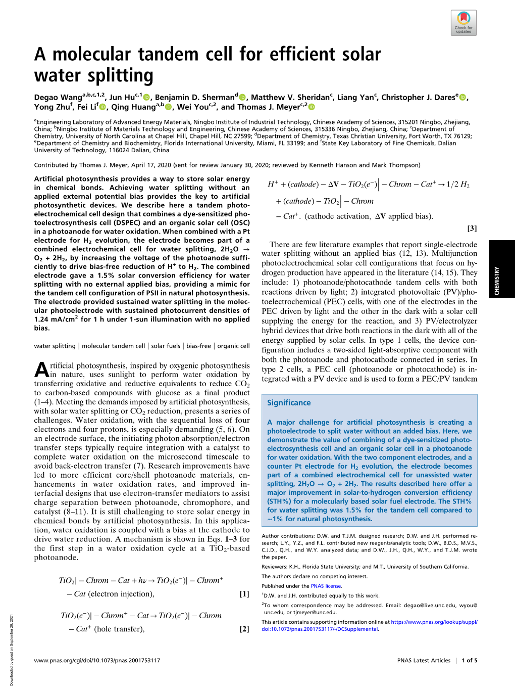 A Molecular Tandem Cell for Efficient Solar Water Splitting