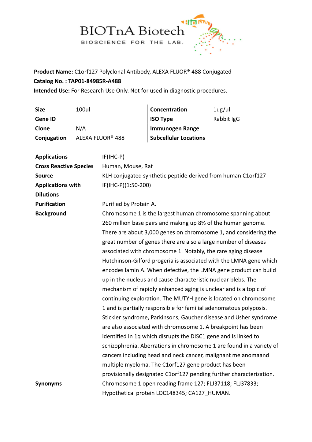 Product Name: C1orf127 Polyclonal Antibody, ALEXA FLUOR® 488 Conjugated Catalog No