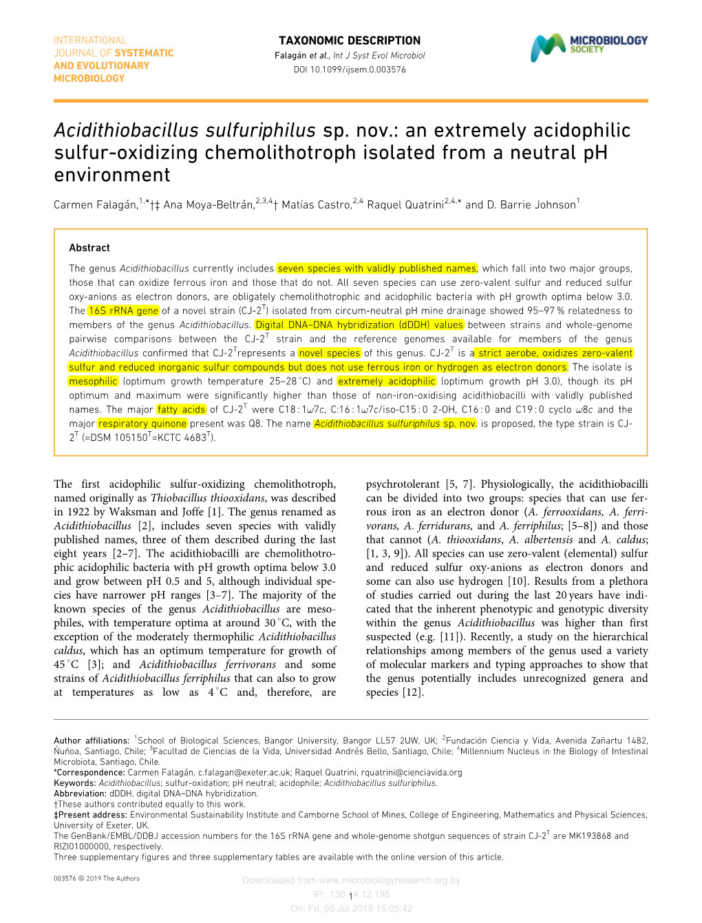 Acidithiobacillus Sulfuriphilus Sp. Nov.: an Extremely Acidophilic Sulfur-Oxidizing Chemolithotroph Isolated from a Neutral Ph Environment