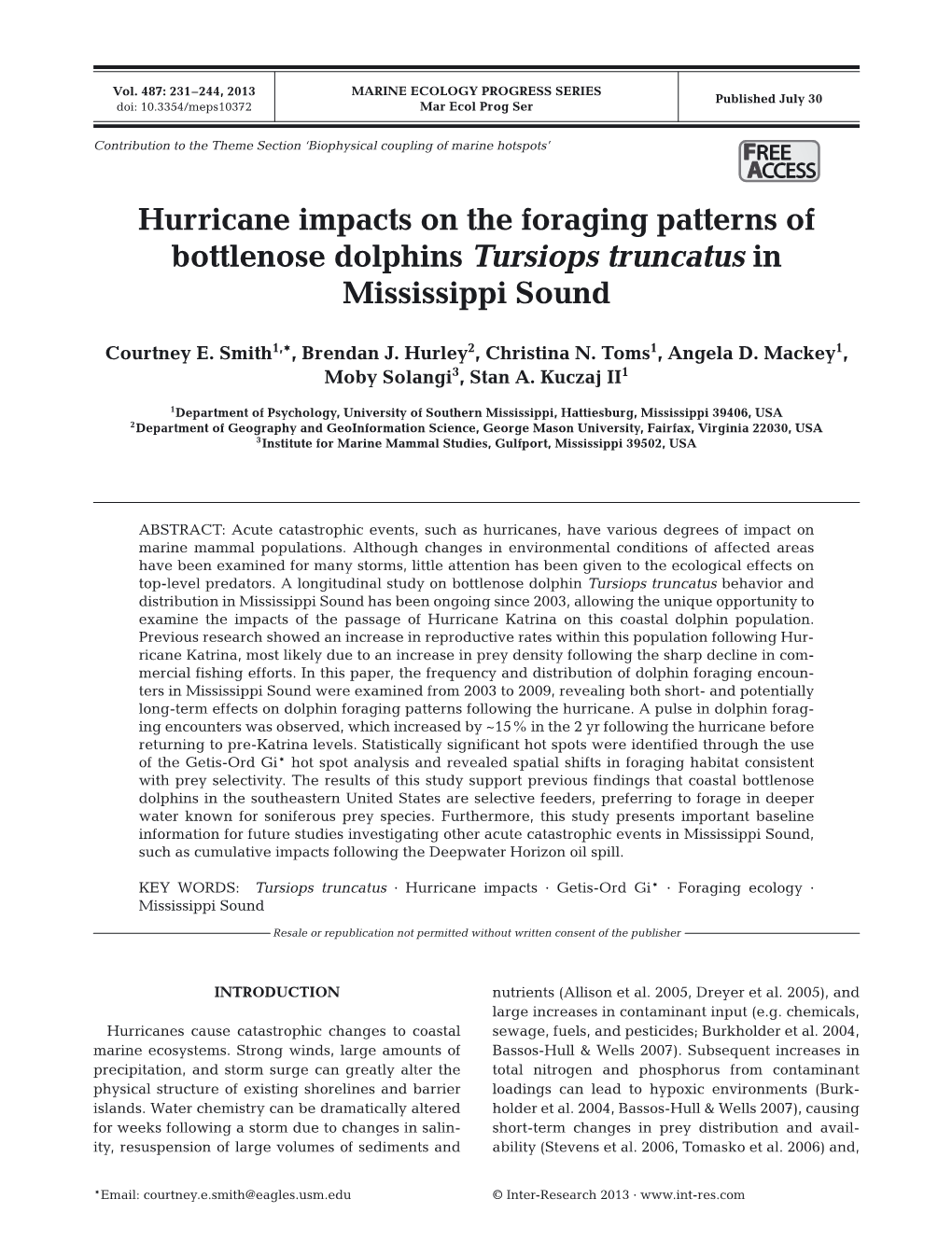 Hurricane Impacts on the Foraging Patterns of Bottlenose Dolphins Tursiops Truncatus in Mississippi Sound