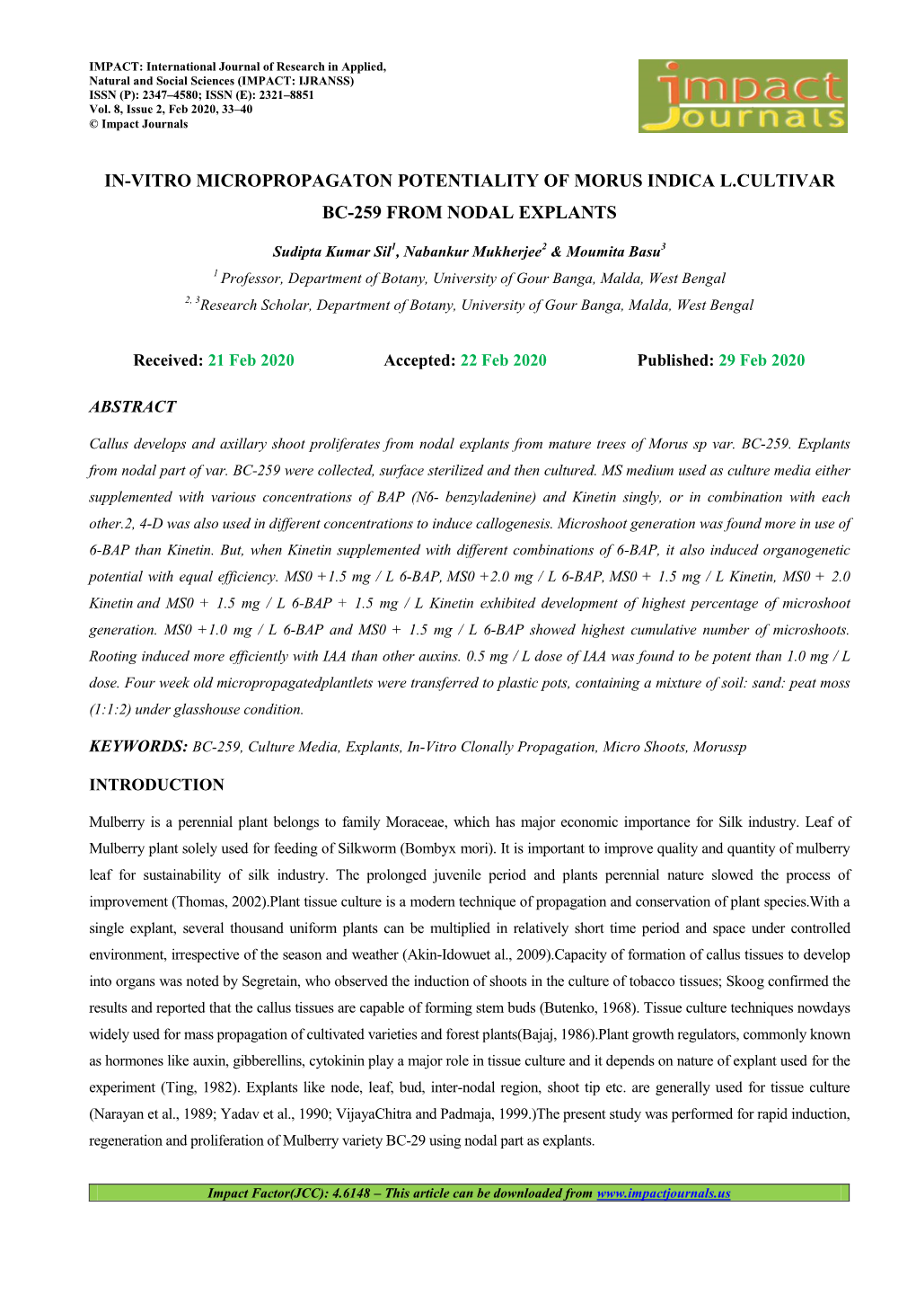 In-Vitro Micropropagaton Potentiality of Morus Indica L.Cultivar Bc-259 from Nodal Explants