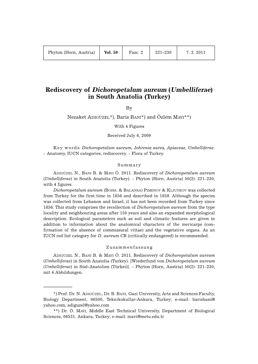 Rediscovery of Dichoropetalum Aureum (Umbelliferae) in South Anatolia (Turkey)