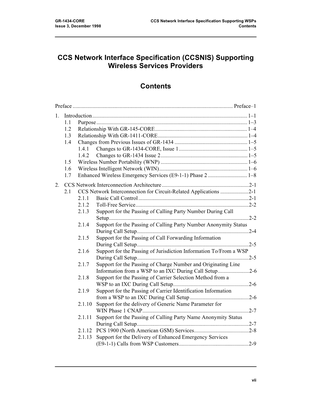 GR-1434-CORE: CCS Network Interface Specification (CCSNIS) Supporting Wireless Services Providers