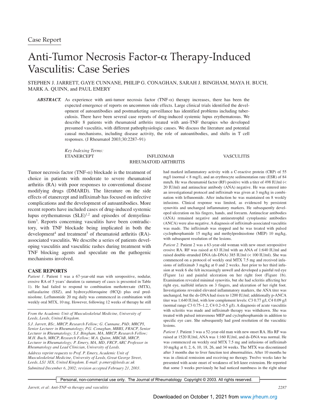 Anti-Tumor Necrosis Factor-Α Therapy-Induced Vasculitis: Case Series STEPHEN J