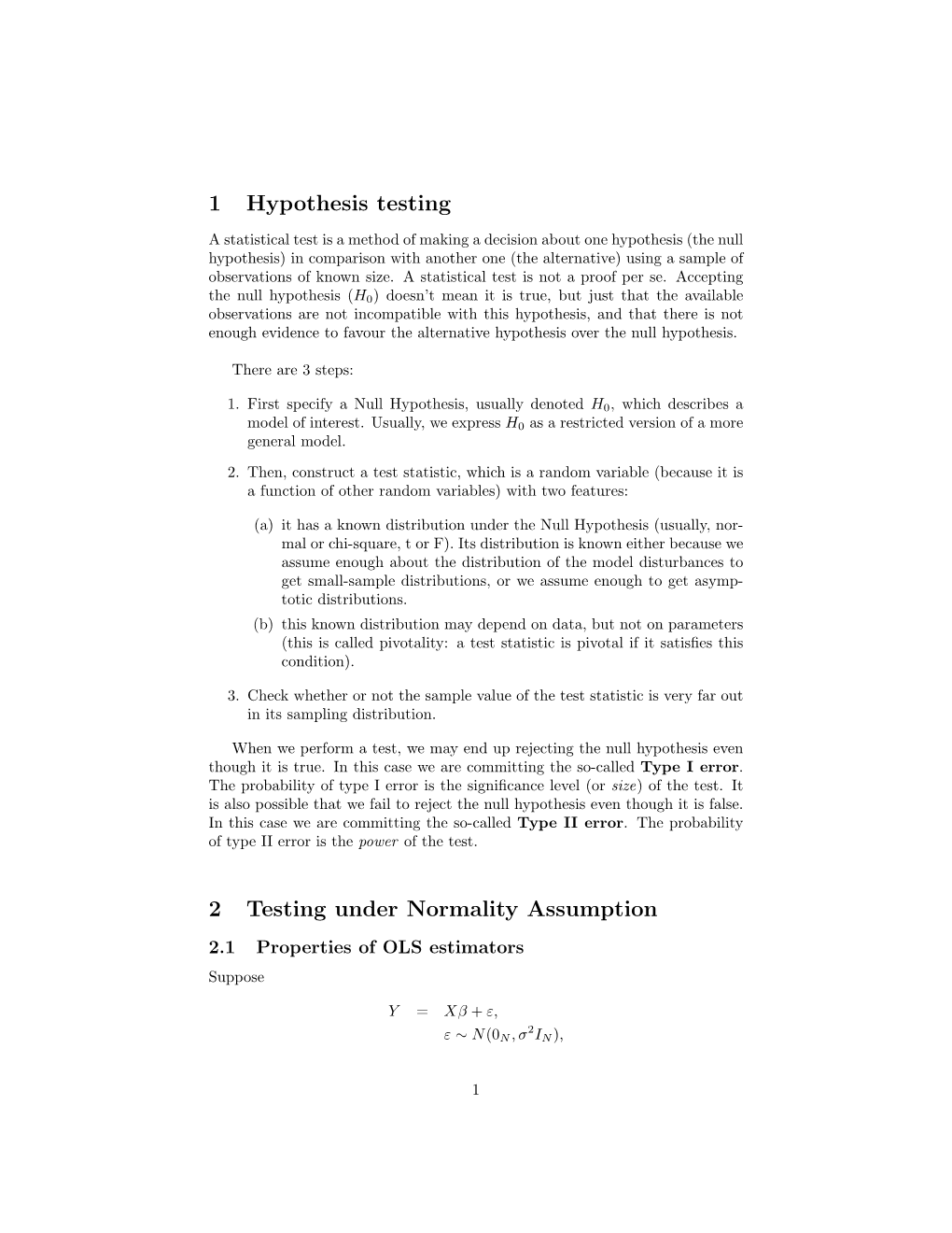 1 Hypothesis Testing 2 Testing Under Normality Assumption