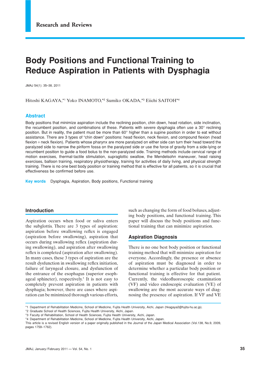 Body Positions and Functional Training to Reduce Aspiration in Patients with Dysphagia