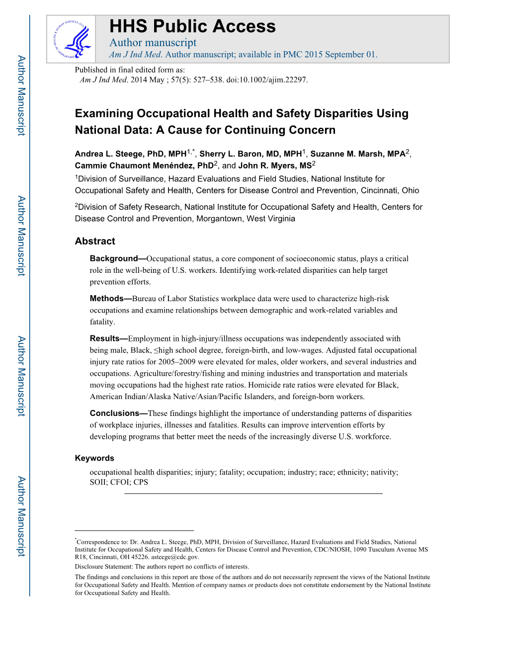 Examining Occupational Health and Safety Disparities Using National Data: a Cause for Continuing Concern