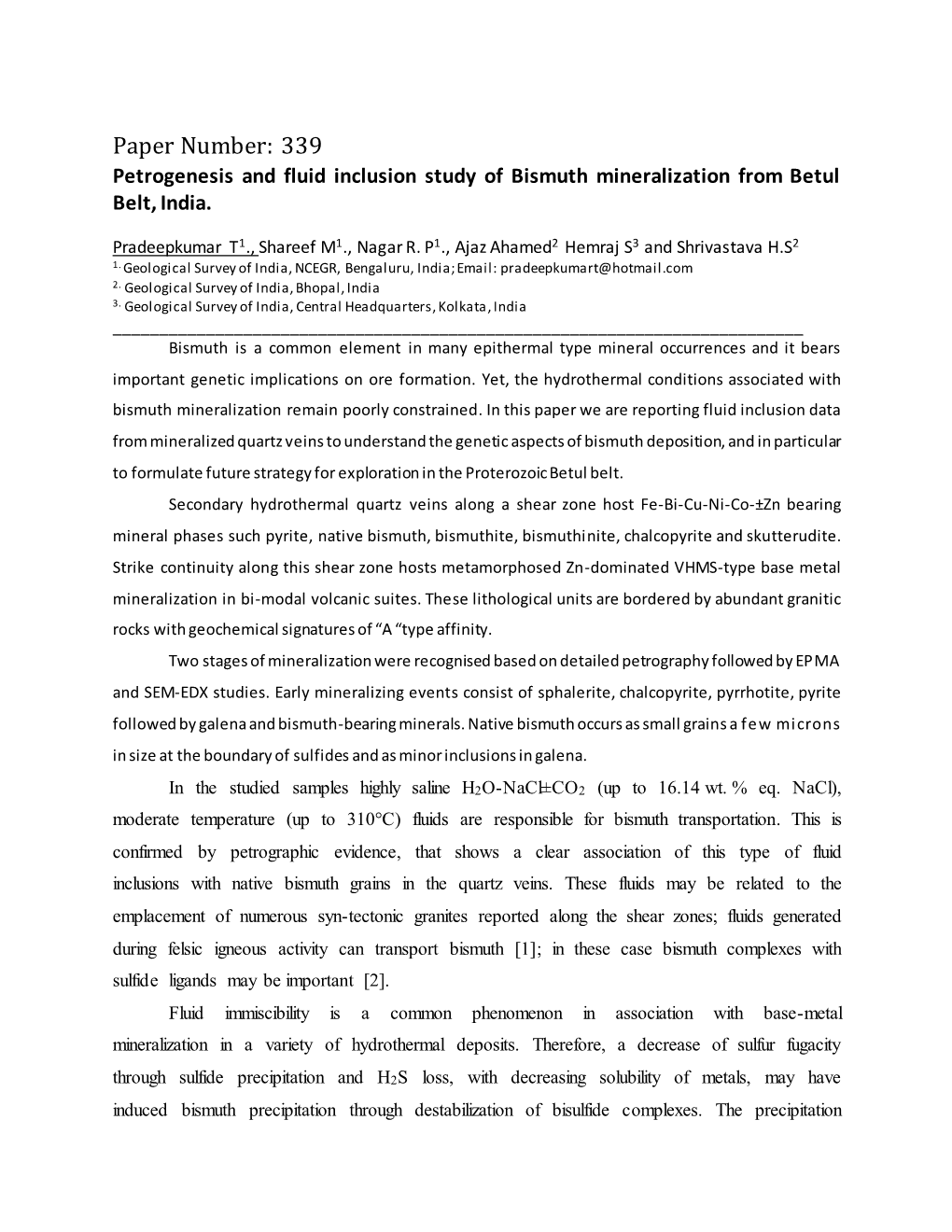 Paper Number: 339 Petrogenesis and Fluid Inclusion Study of Bismuth Mineralization from Betul Belt, India