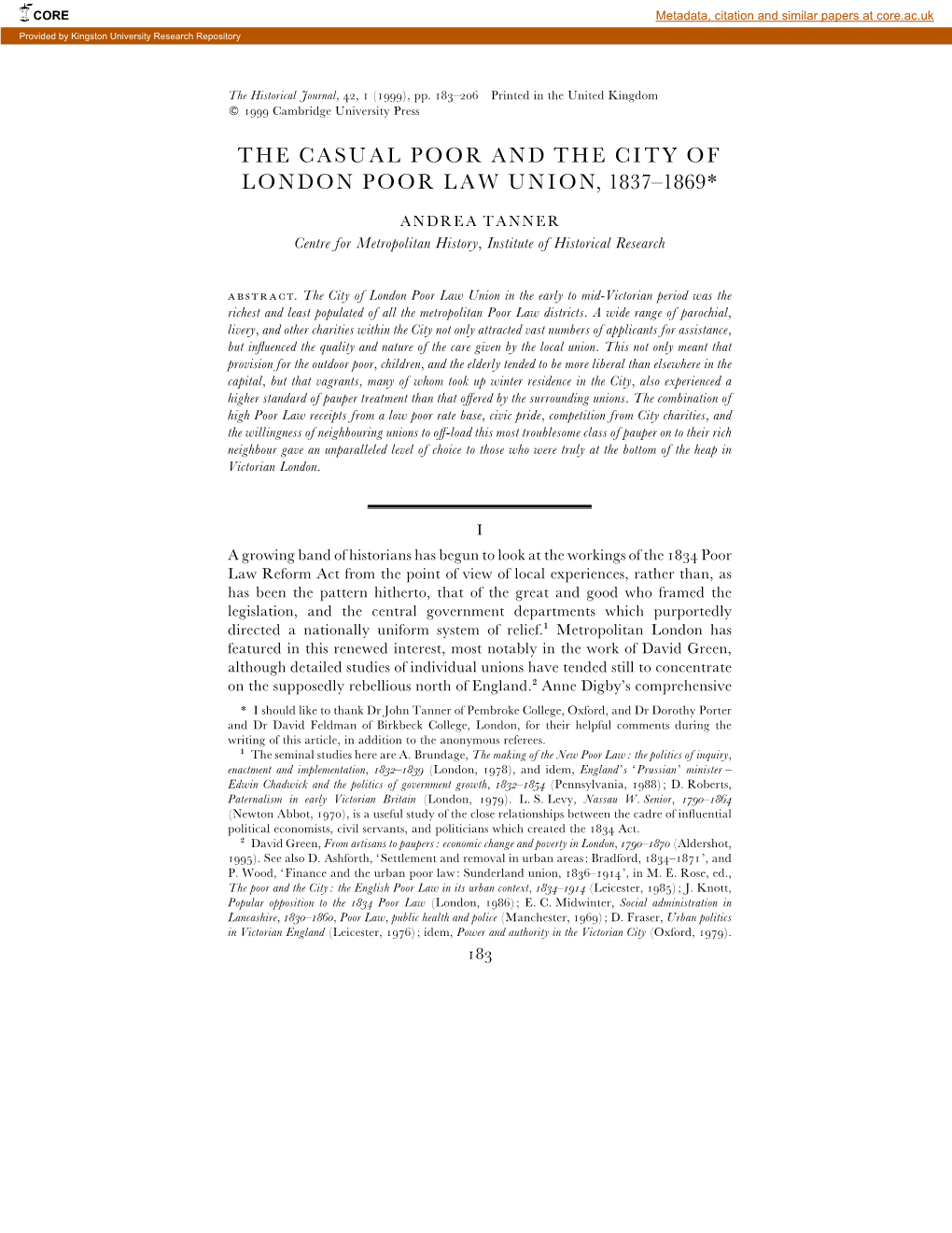 The Casual Poor and the City of London Poor Law Union, 1837–1869*