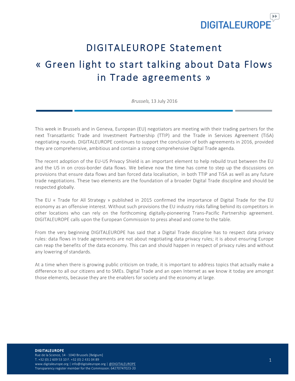 DIGITALEUROPE Statement Green Light to Move on Data Flows