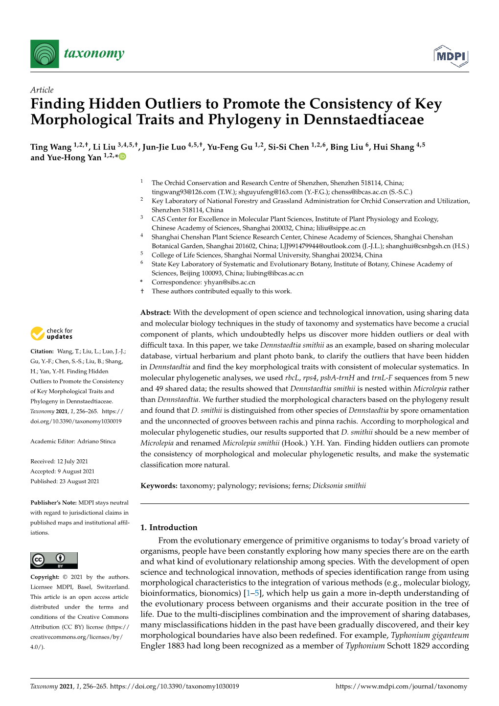 Finding Hidden Outliers to Promote the Consistency of Key Morphological Traits and Phylogeny in Dennstaedtiaceae