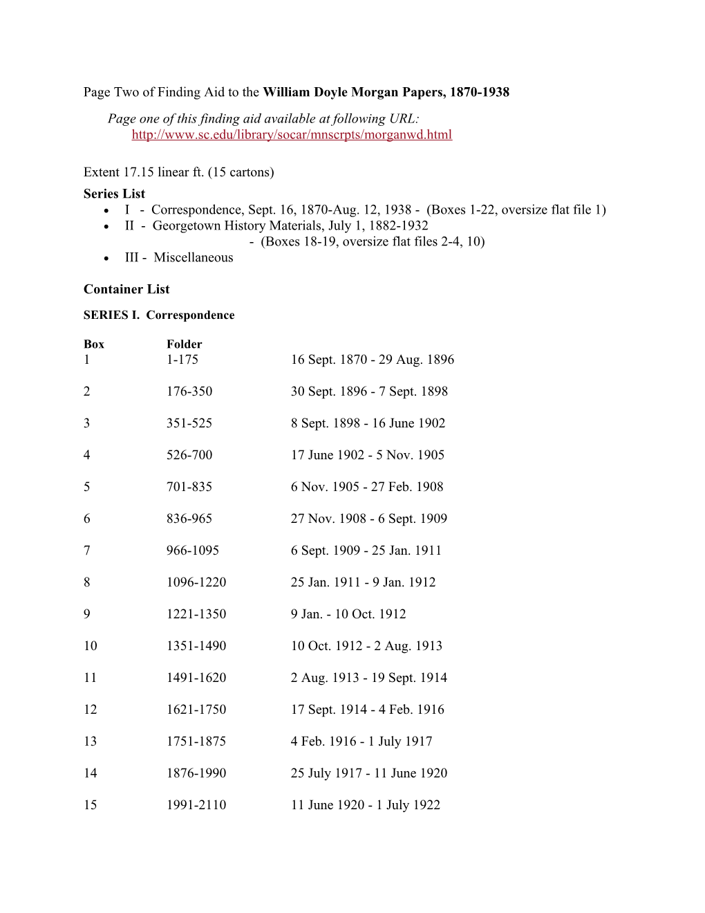 Page Two of Finding Aid to the William Doyle Morgan Papers, 1870-1938