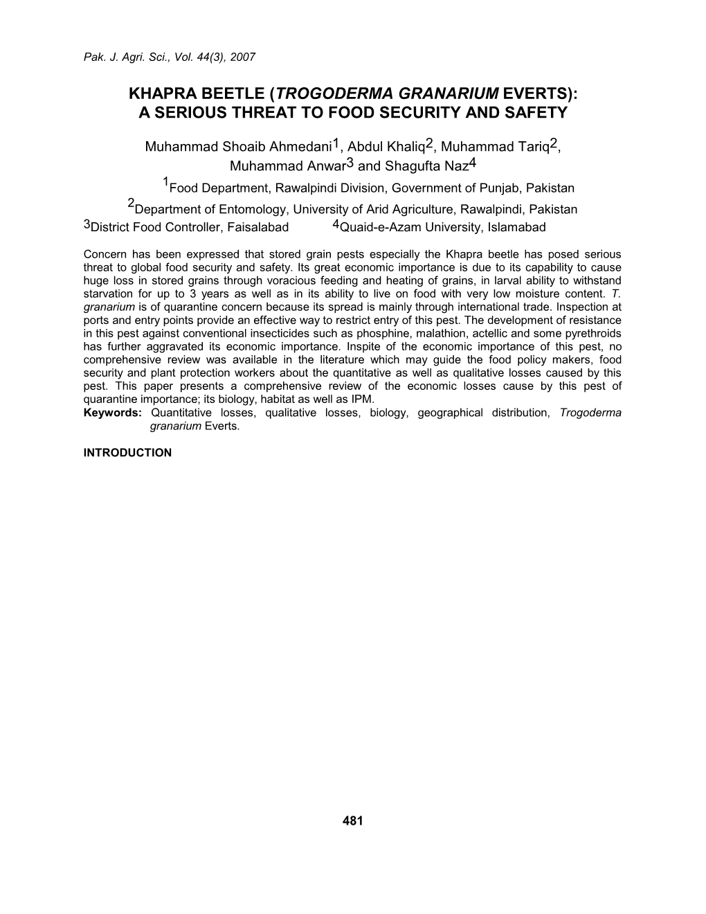 Trogoderma Granarium Everts): a Serious Threat to Food Security and Safety