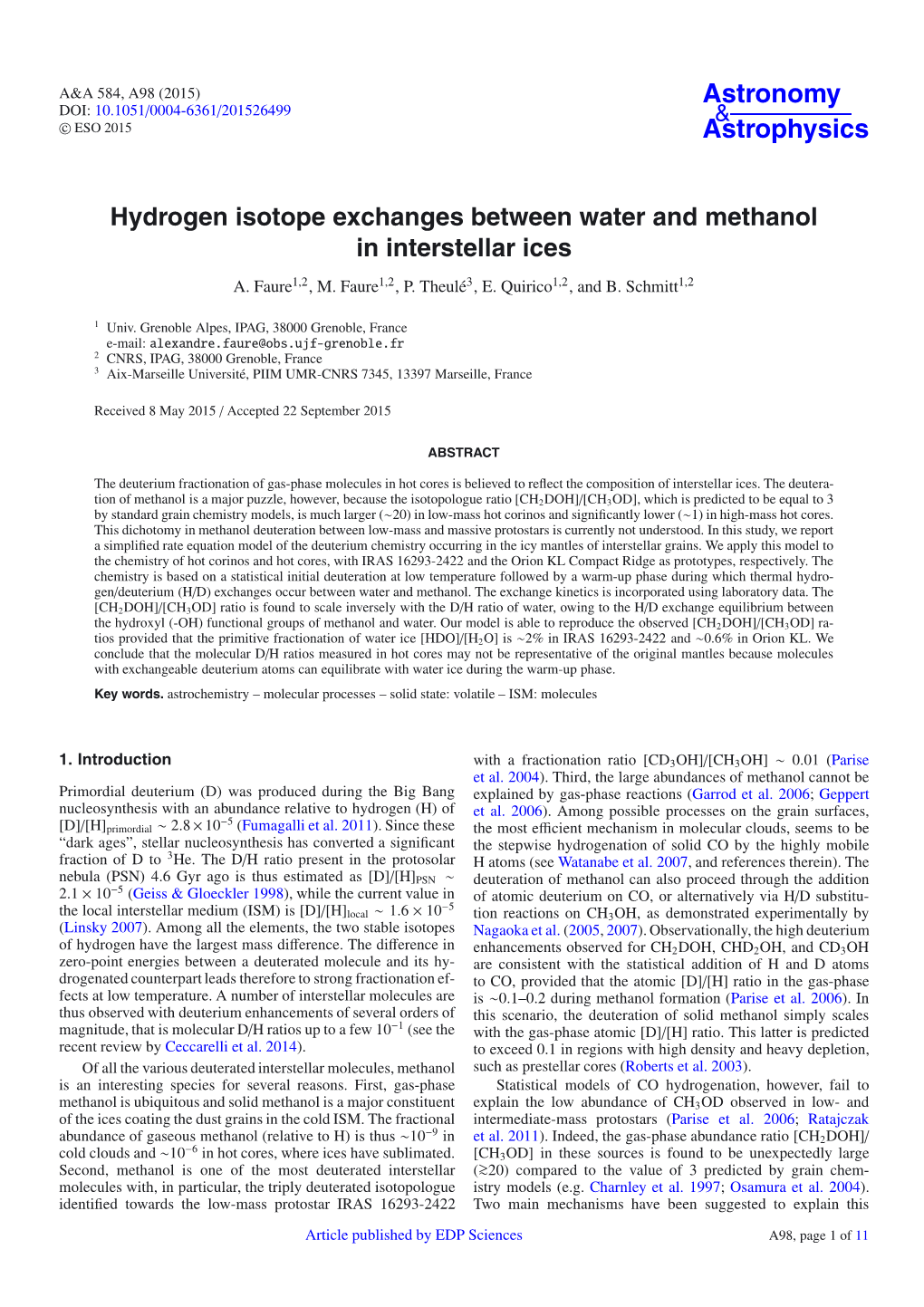 Hydrogen Isotope Exchanges Between Water and Methanol in Interstellar Ices