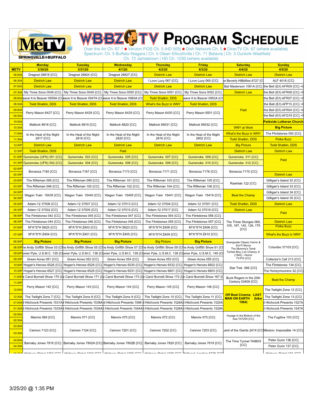 Me-TV Net Listings for 3-30-20