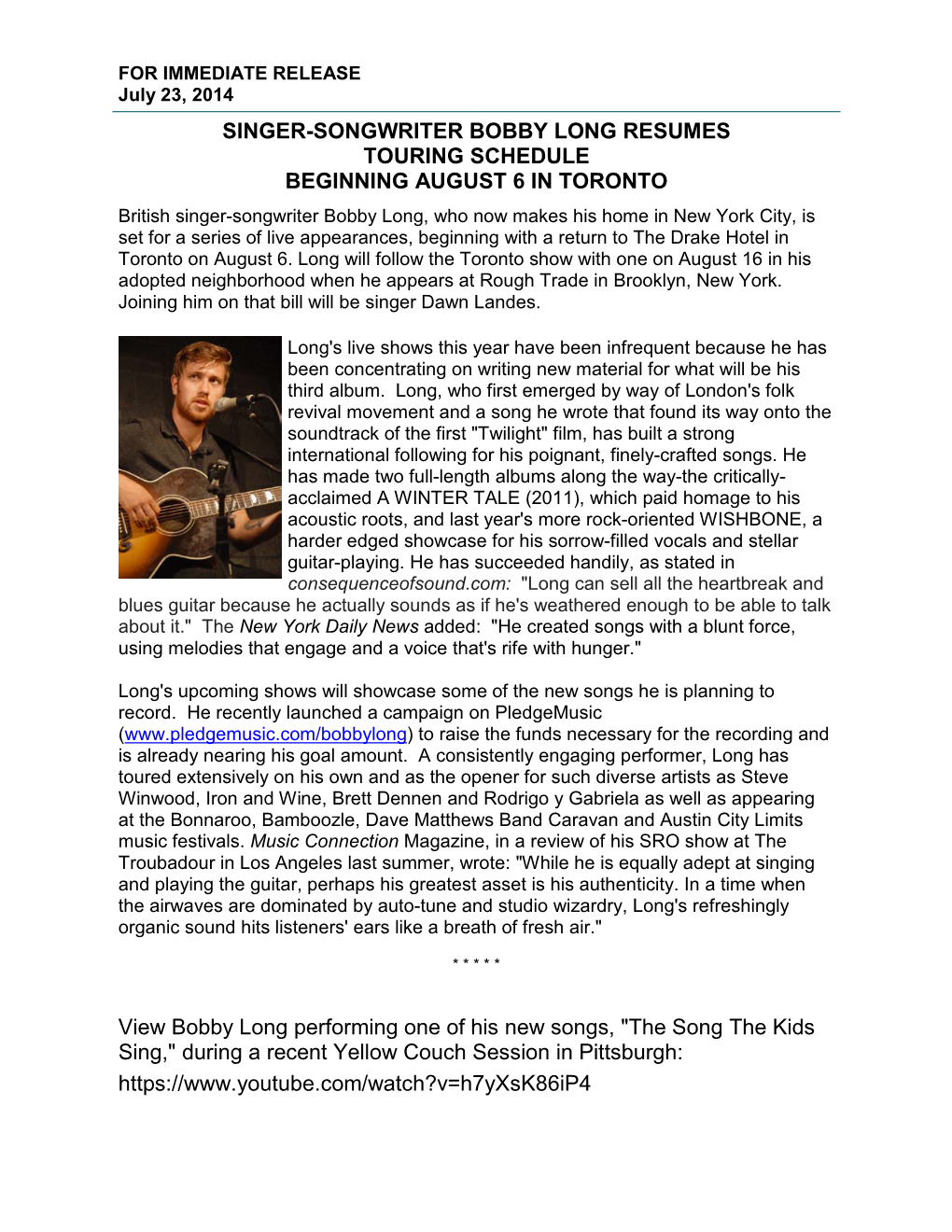 Singer-Songwriter Bobby Long Resumes Touring