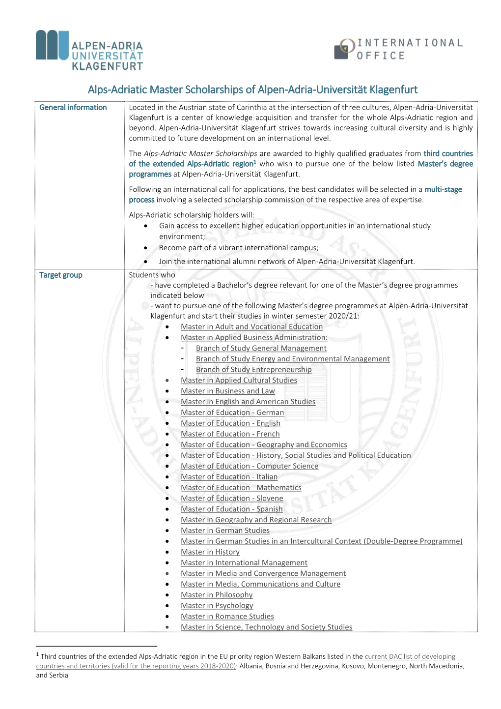 Alps-Adriatic Master Scholarships of Alpen-Adria-Universität Klagenfurt