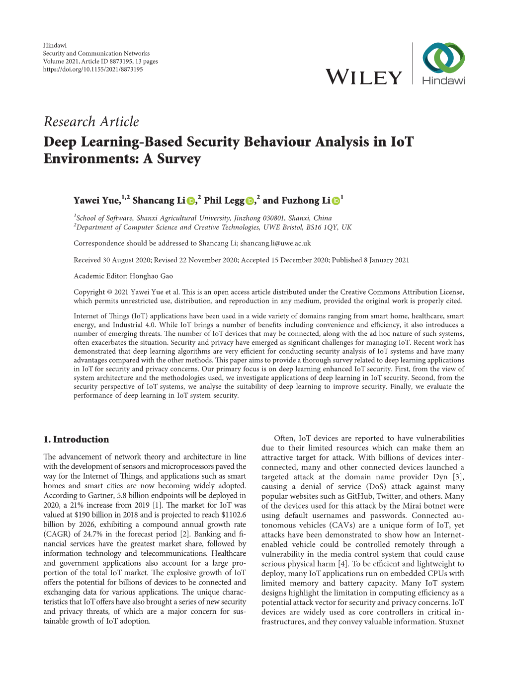 Deep Learning-Based Security Behaviour Analysis in Iot Environments: a Survey