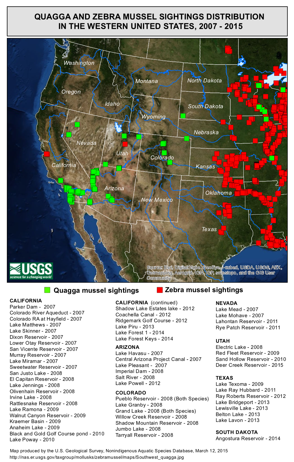 Quagga and Zebra Mussel Sightings Distribution in the Western United States, 2007 - 2015