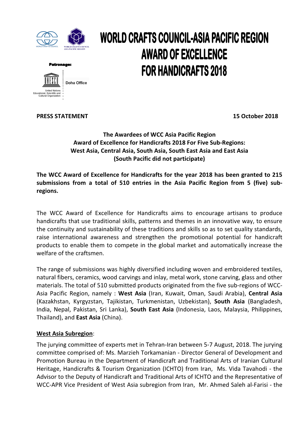 PRESS STATEMENT 15 October 2018 the Awardees Of