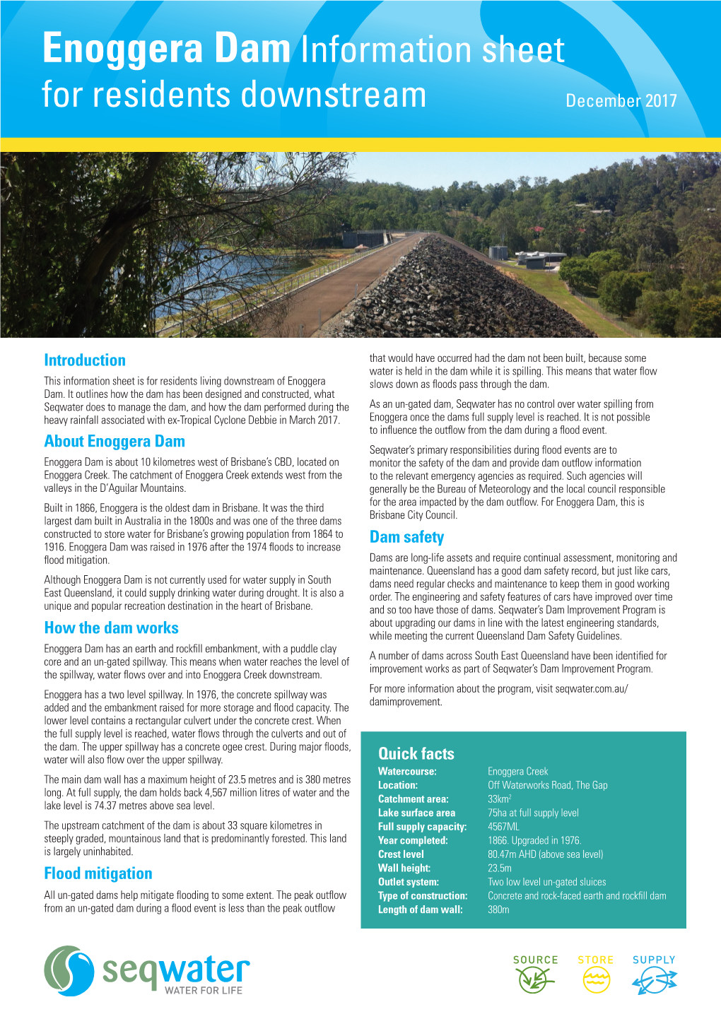Enoggera Dam Information Sheet for Residents Downstream December 2017