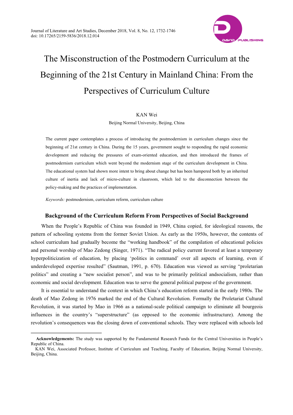 The Misconstruction of the Postmodern Curriculum at the Beginning of the 21St Century in Mainland China: from the Perspectives of Curriculum Culture