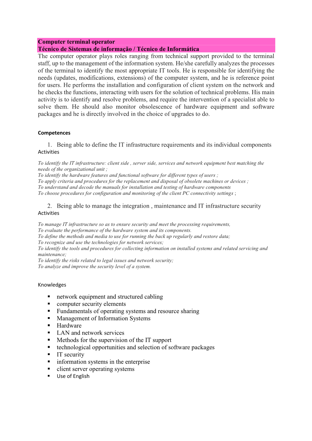 Computer Terminal Operator Técnico De Sistemas De Informação