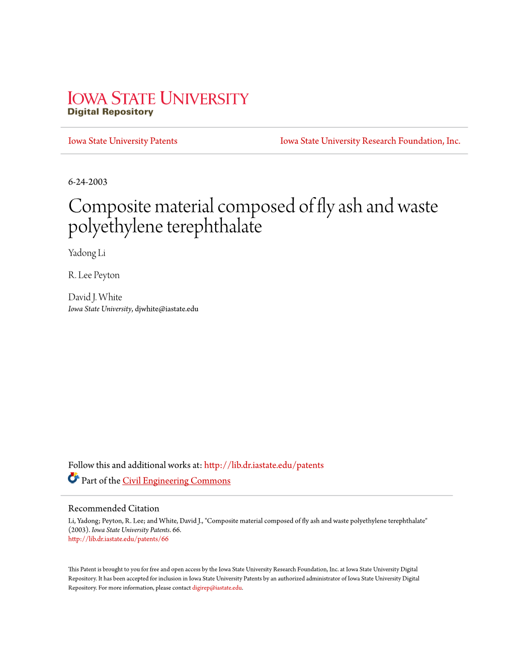 Composite Material Composed of Fly Ash and Waste Polyethylene Terephthalate Yadong Li