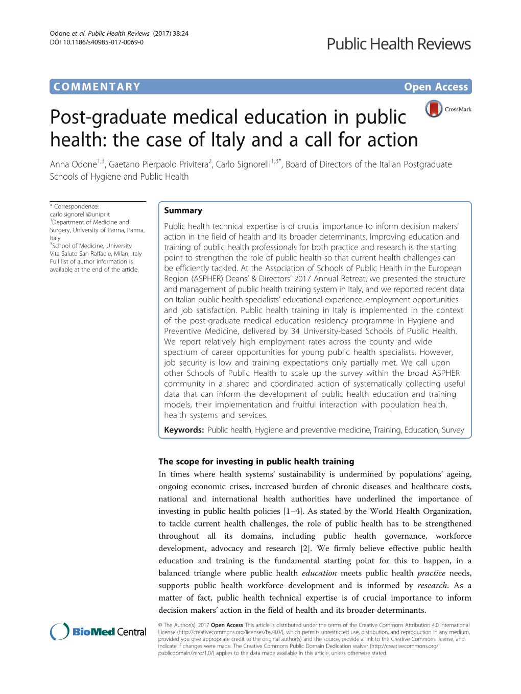 Post-Graduate Medical Education in Public Health: the Case of Italy and A