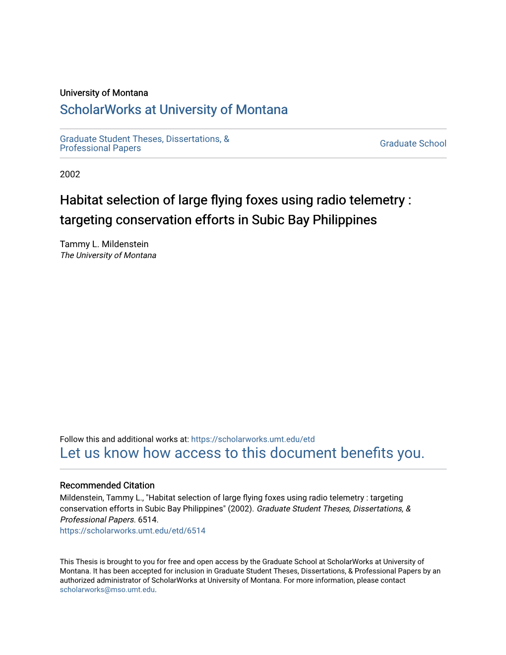 Habitat Selection of Large Flying Foxes Using Radio Telemetry : Targeting Conservation Efforts in Subic Bay Philippines