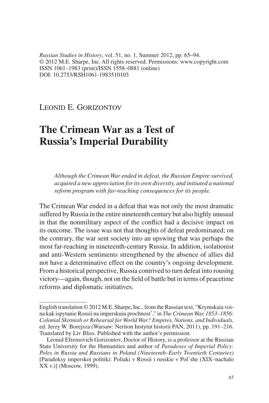 The Crimean War As a Test of Russia's Imperial Durability