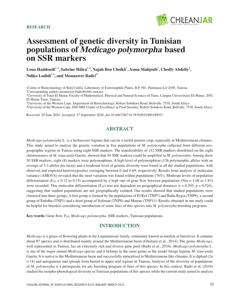 Assessment of Genetic Diversity in Tunisian Populations of Medicago