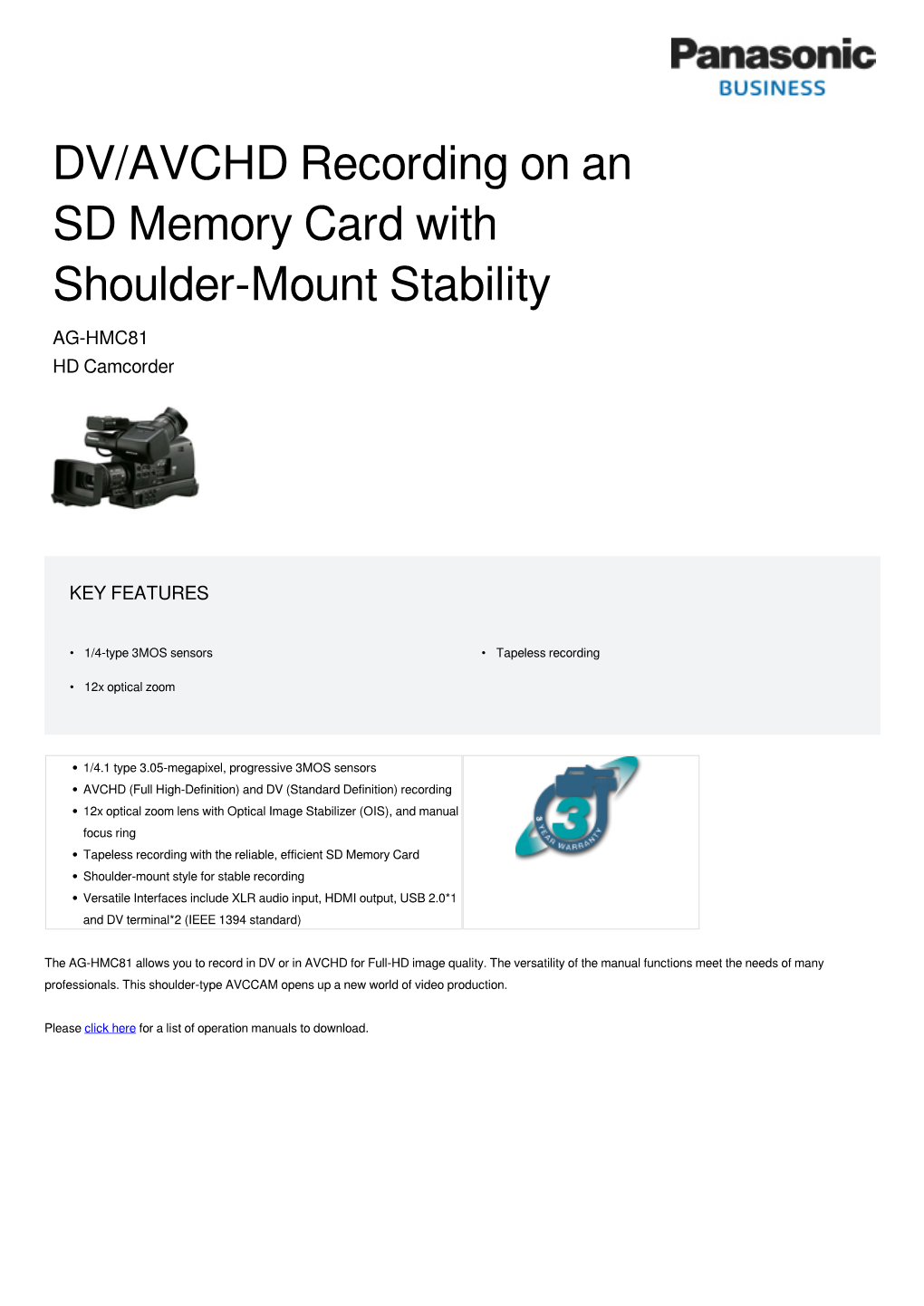 DV/AVCHD Recording on an SD Memory Card with Shoulder-Mount Stability