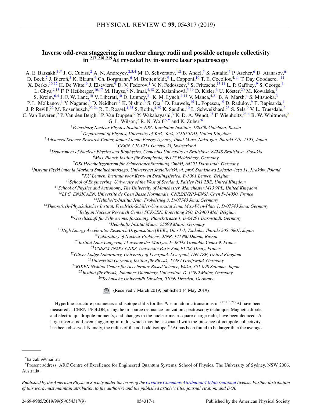 Inverse Odd-Even Staggering in Nuclear Charge Radii and Possible Octupole Collectivity in $\Sideset{^{217218219}}