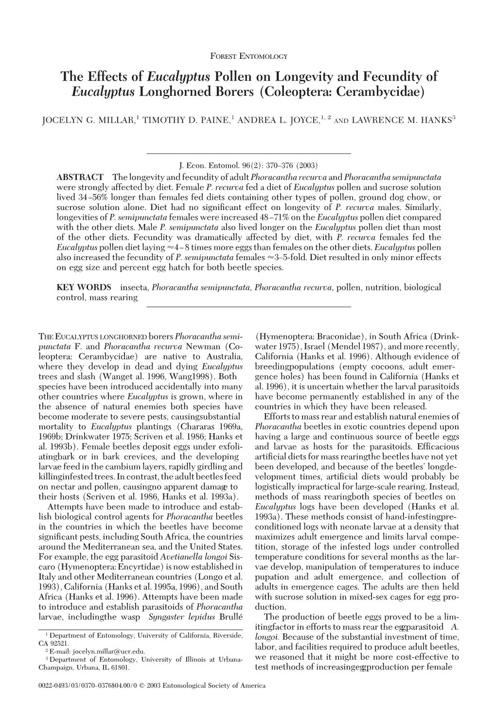 The Effects of Eucalyptus Pollen on Longevity and Fecundity of Eucalyptus Longhorned Borers (Coleoptera: Cerambycidae)