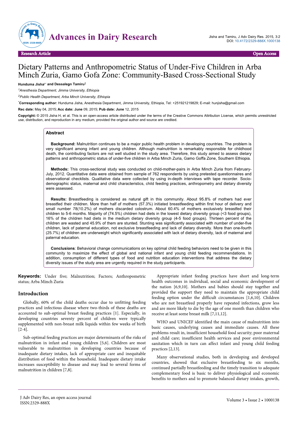 Dietary Patterns and Anthropometric Status of Under-Five Children in Arba Minch Zuria, Gamo Gofa Zone: Community-Based Cross-Sectional Study