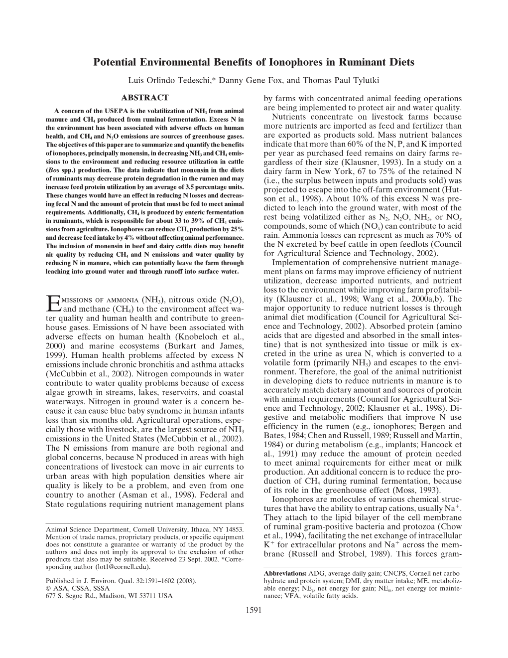 Potential Environmental Benefits of Ionophores in Ruminant Diets