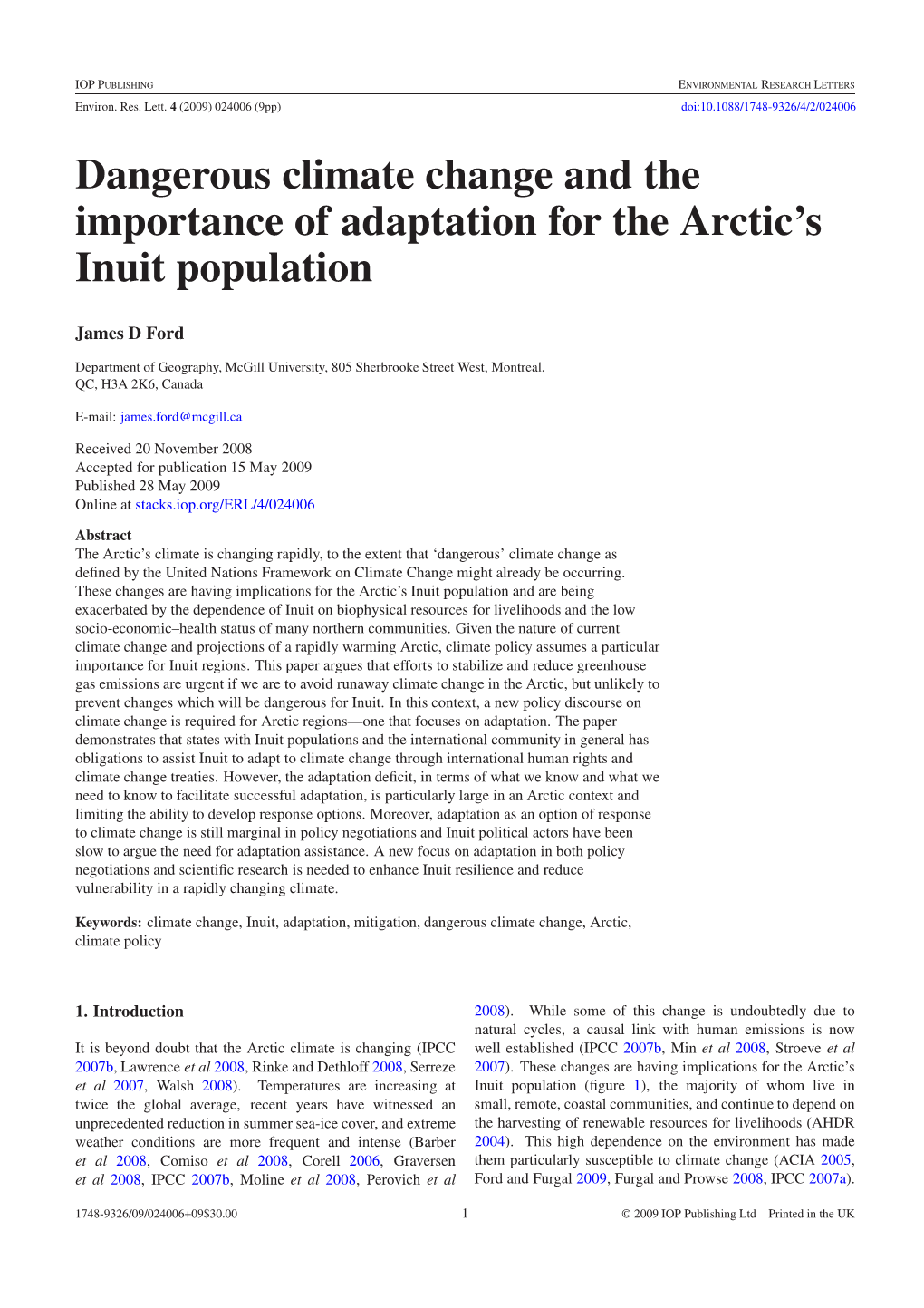 Dangerous Climate Change and the Importance of Adaptation for the Arctic’S Inuit Population